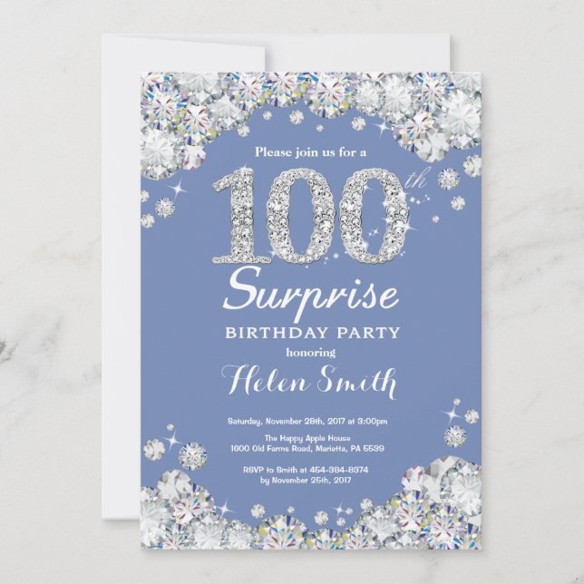 Invitación Sorpresa 100 cumpleaños Diamante de plata azul (Anverso)