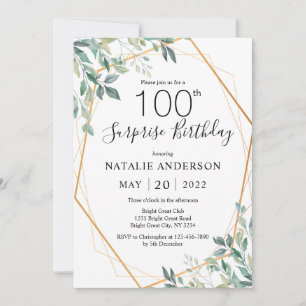 Invitación Sorpresa 100 cumpleaños Eucalyptus Greenery & Gold