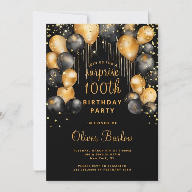 Invitación Sorpresa 100 cumpleaños fiesta de oro negro (Anverso)