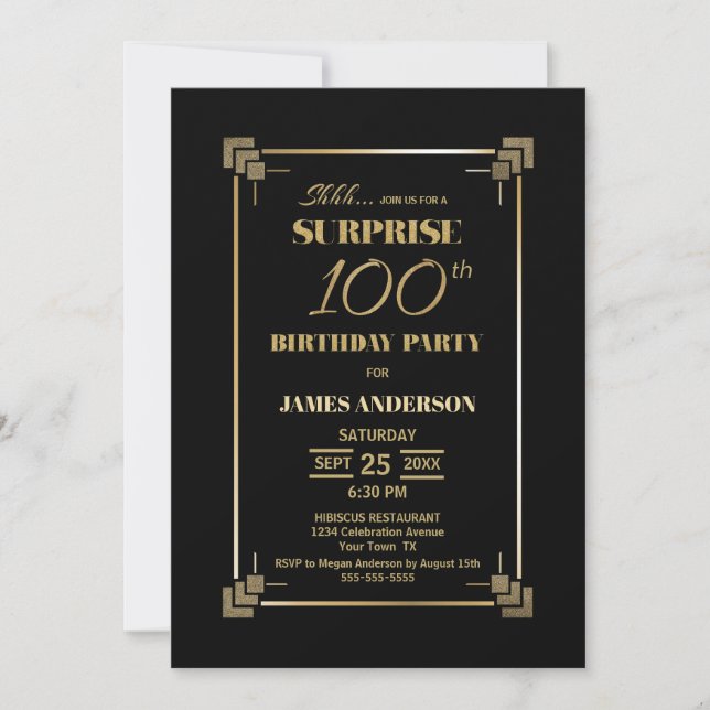 Invitación Sorpresa 100 cumpleaños Fiesta de oro y negro (Anverso)