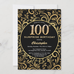 Invitación Sorpresa 100 cumpleaños Floral de oro y negro