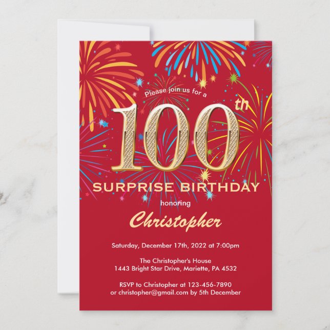 Invitación Sorpresa 100 cumpleaños, fuegos artificiales de or (Anverso)