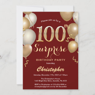 Invitación Sorpresa 100 cumpleaños Globos de oro y rojo oscur