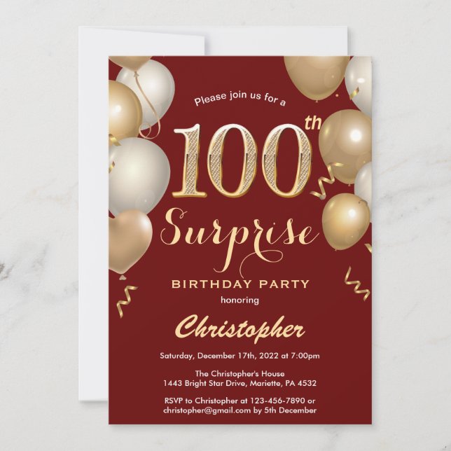Invitación Sorpresa 100 cumpleaños Globos de oro y rojo oscur (Anverso)