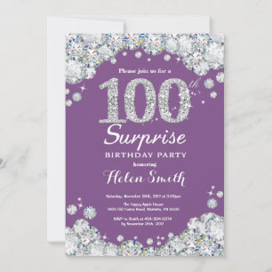 Invitación Sorpresa 100 cumpleaños morado y diamante plateado