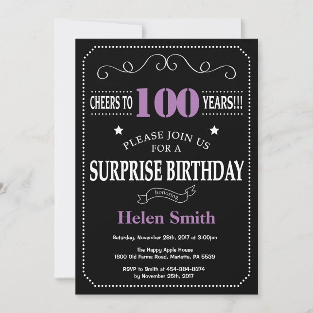 Invitación Sorpresa 100 cumpleaños morado y negro (Anverso)