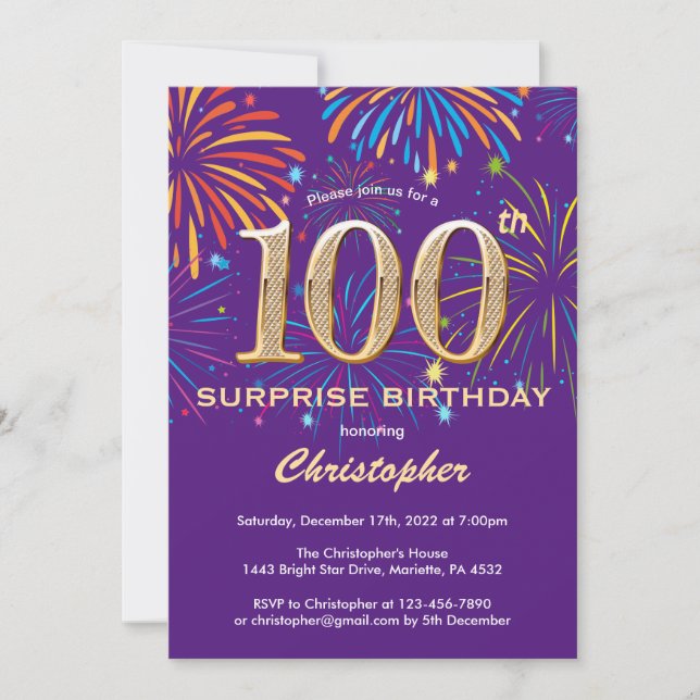 Invitación Sorpresa 100 cumpleaños, púrpura y fuegos artifici (Anverso)
