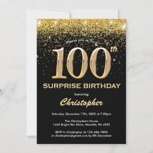 Invitación Sorpresa 100 cumpleaños Purpurina de oro y negro