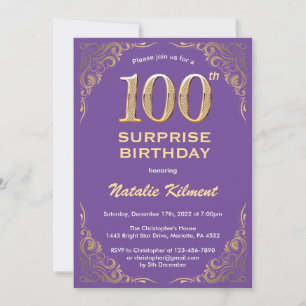 Invitación Sorpresa 100 cumpleaños Purpurina morado y oro