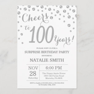 Invitación Sorpresa 100 cumpleaños Purpurina Plata Diamante