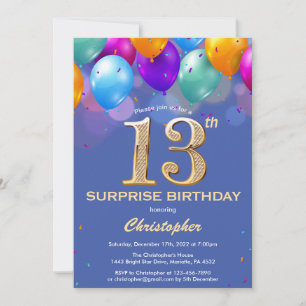 Invitación Sorpresa 13.º Balón azul y oro de cumpleaños