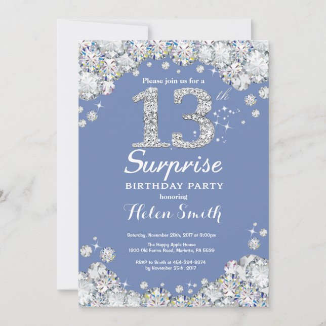 Invitación Sorpresa 13.º cumpleaños Diamante de plata azul (Anverso)