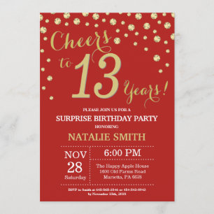 Invitación Sorpresa 13.º cumpleaños Diamante Rojo y Oro