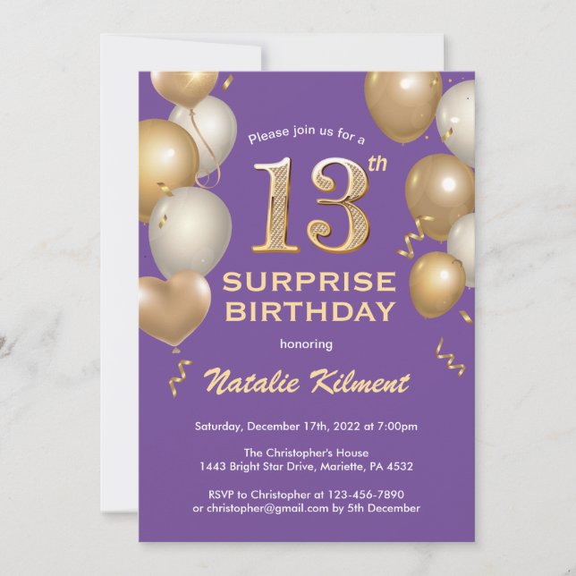 Invitación Sorpresa 13.º cumpleaños Globos morados y de oro (Anverso)