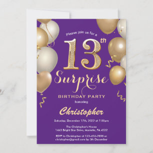 Invitación Sorpresa 13.º cumpleaños Globos morados y de oro