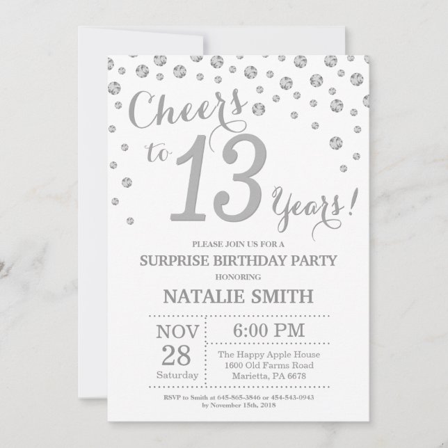Invitación Sorpresa 13.º cumpleaños Purpurina Plata Diamante (Anverso)