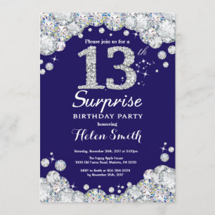 Invitación Sorpresa 13.º Diamante Plateado Azul de la Marina 