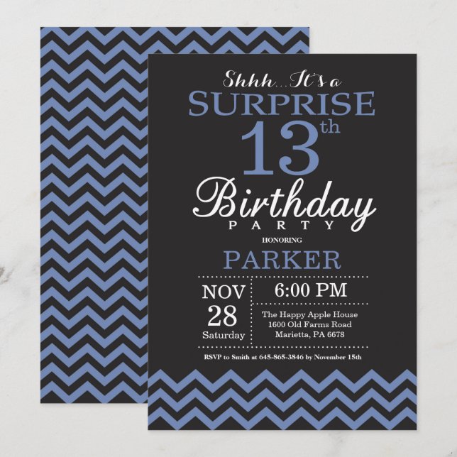 Invitación Sorpresa 13 años Chevron negro y azul (Anverso / Reverso)