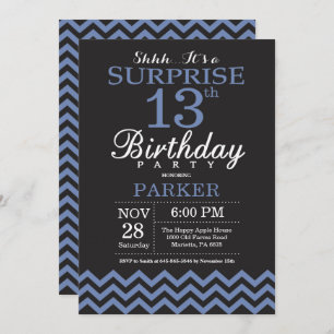 Invitación Sorpresa 13 años Chevron negro y azul