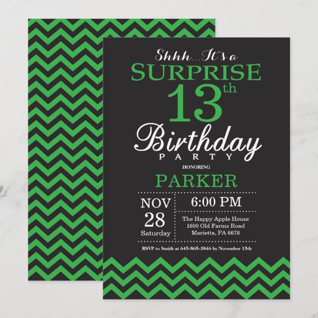 Invitación Sorpresa 13 años Chevron negro y verde (Anverso / Reverso)