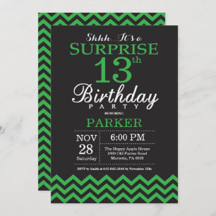 Invitación Sorpresa 13 años Chevron negro y verde