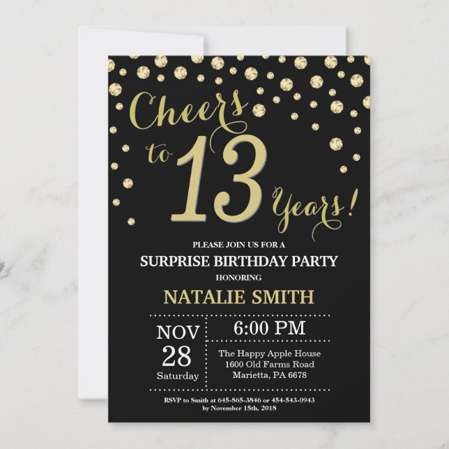 Invitación Sorpresa 13 años Diamante negro y oro (Anverso)