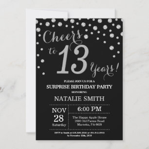 Invitación Sorpresa 13 años Diamante negro y plateado