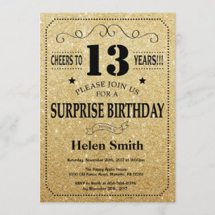 Invitación Sorpresa 13 años Purpurina negro y oro