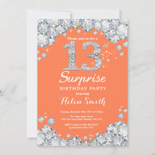 Invitación Sorpresa 13° cumpleaños Coral y diamante plateado