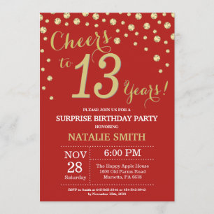 Invitación Sorpresa 13 cumpleaños Diamante rojo y oro
