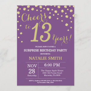 Invitación Sorpresa 13 cumpleaños morado y diamante dorado