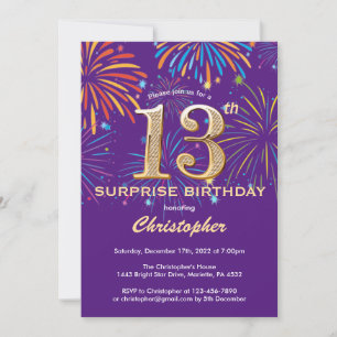 Invitación Sorpresa 13 cumpleaños Purple y Gold Firework