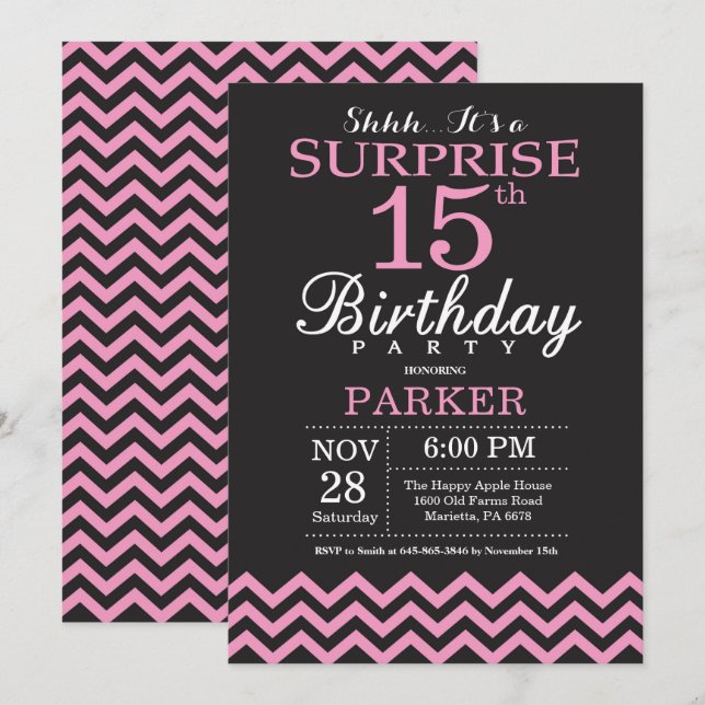 Invitación Sorpresa 15º cumpleaños Chevron negro y rosa (Anverso / Reverso)