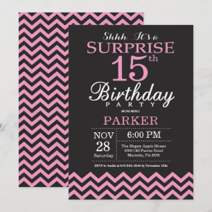 Invitación Sorpresa 15º cumpleaños Chevron negro y rosa