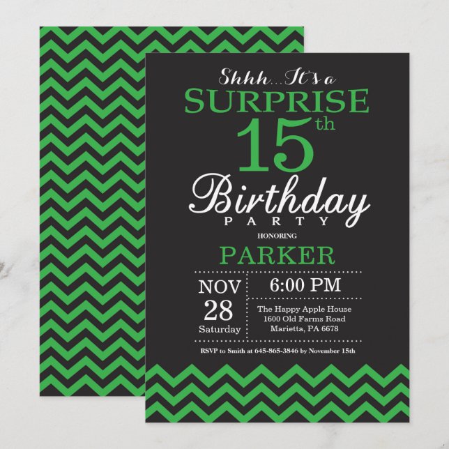 Invitación Sorpresa 15º cumpleaños Chevron negro y verde (Anverso / Reverso)