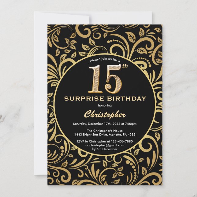 Invitación Sorpresa 15º cumpleaños Floral de oro y negro (Anverso)