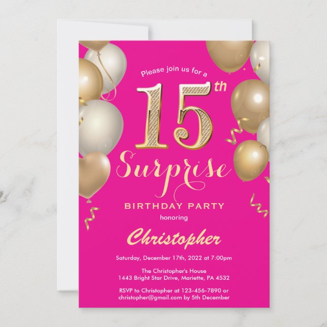 Invitación Sorpresa 15º cumpleaños Globos de oro y rosa calie (Anverso)