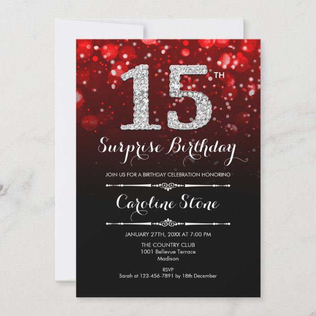 Invitación Sorpresa 15º cumpleaños - Plata Roja (Anverso)