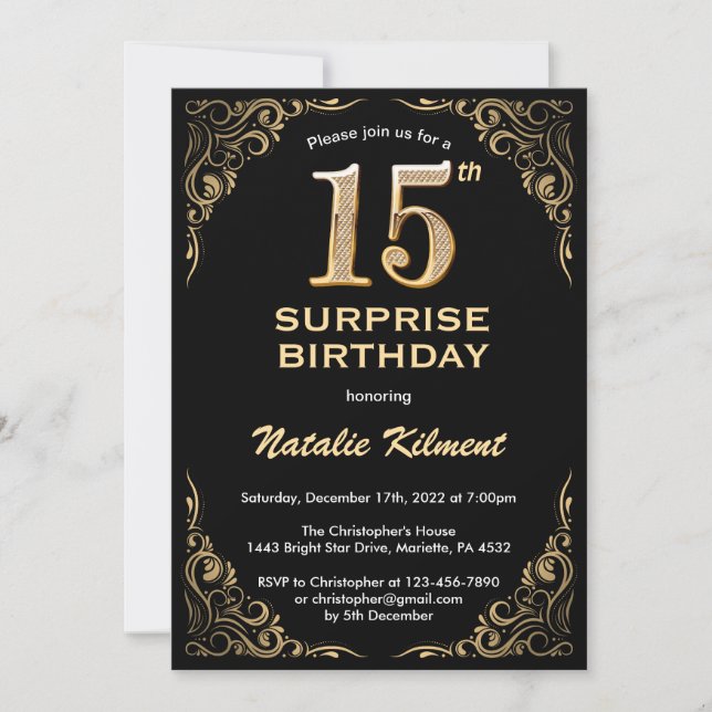 Invitación Sorpresa 15º cumpleaños Purpurina negro y oro (Anverso)