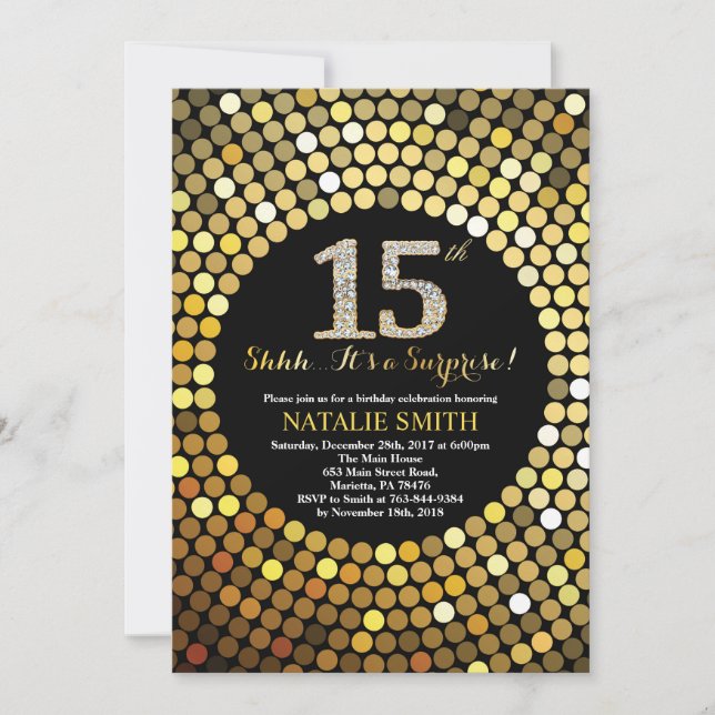 Invitación Sorpresa 15º cumpleaños Purpurina negro y oro (Anverso)