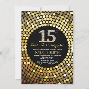 Invitación Sorpresa 15º cumpleaños Purpurina negro y oro