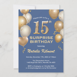 Invitación Sorpresa 15.º Balón Azul y Oro de cumpleaños