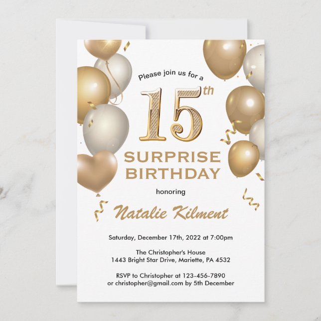Invitación Sorpresa 15.º Balón Blanco y Oro de cumpleaños (Anverso)