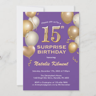 Invitación Sorpresa 15.º cumpleaños Globos morados y de oro