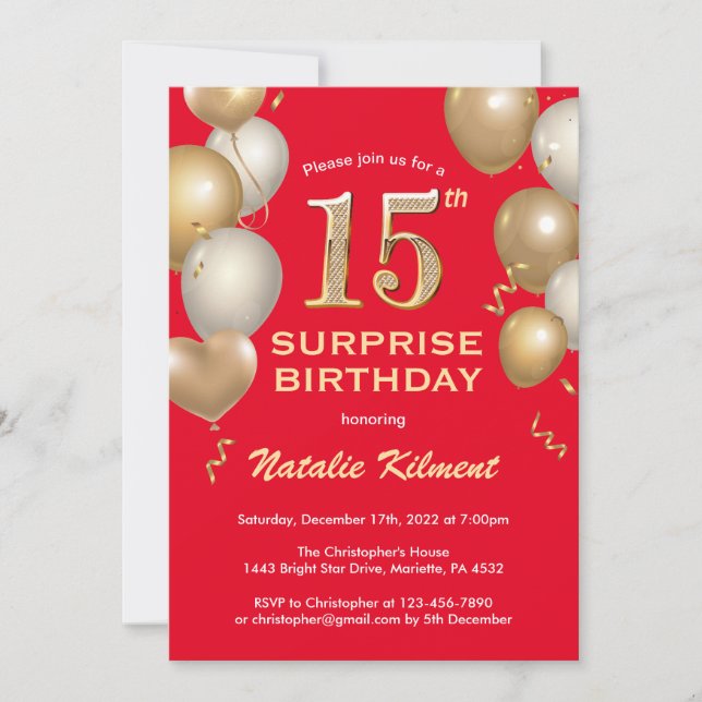 Invitación Sorpresa 15.º cumpleaños Globos Rojos y Oro (Anverso)