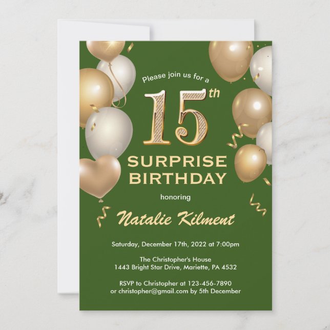 Invitación Sorpresa 15.º Globo Verde y Oro de cumpleaños (Anverso)
