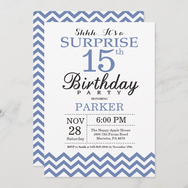 Invitación Sorpresa 15 años Chevron Azul (Anverso / Reverso)