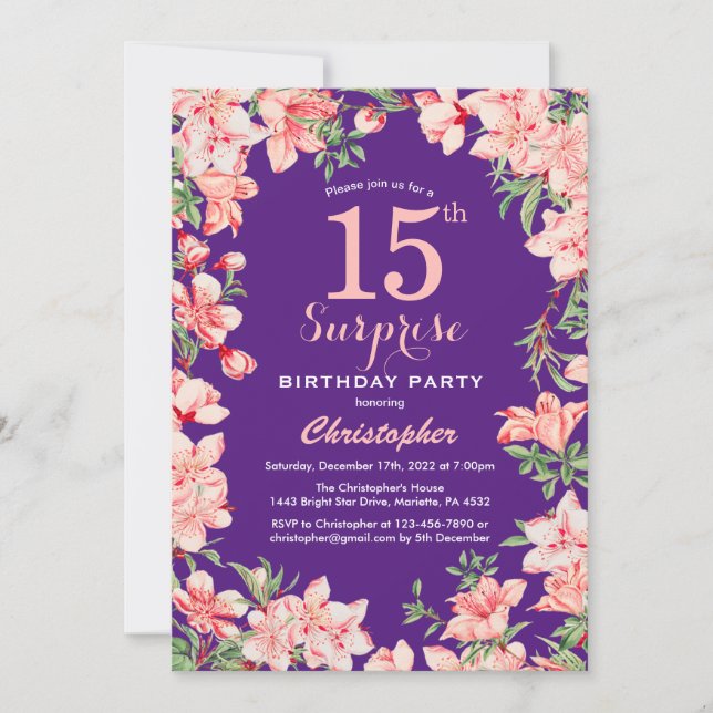 Invitación Sorpresa 15 años Flores Florales Rosadas Moradas (Anverso)