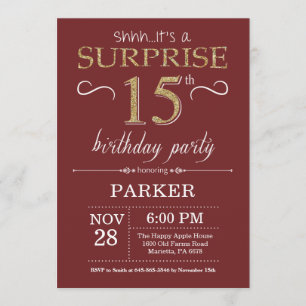 Invitación Sorpresa 15 cumpleaños Borgoña y Purpurina de oro