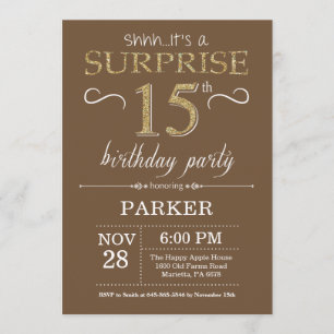 Invitación Sorpresa 15 cumpleaños Brown y Purpurina de oro